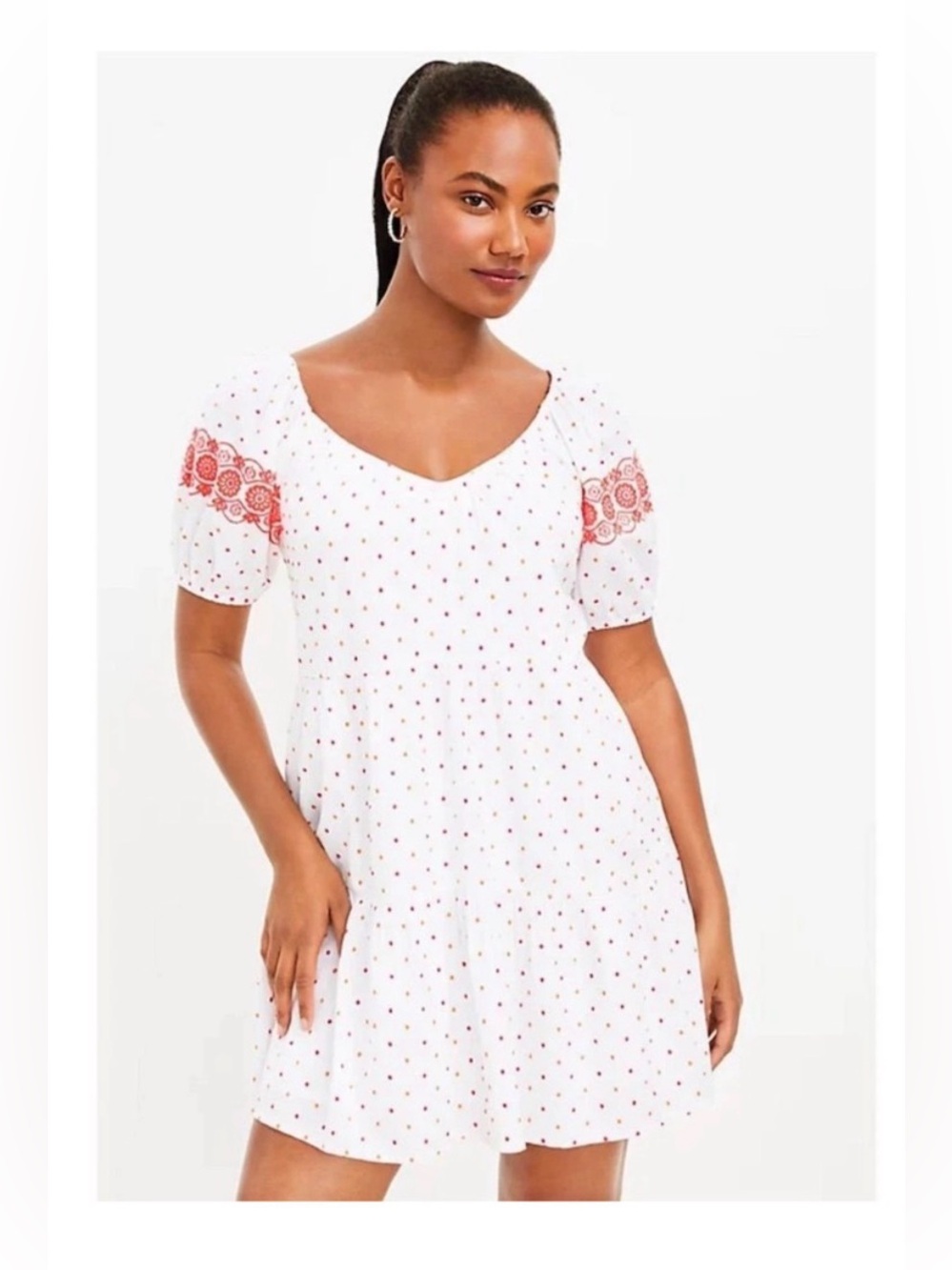 LOFT White Swiss Dot Embroidered Puff Sleeve Tiered Mini Dress Sz M